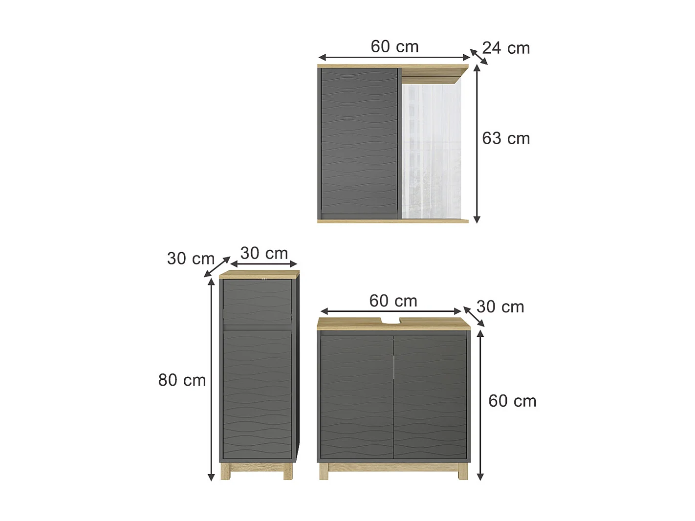 Meubles bain anthracite/chêne 60x30x60 livia