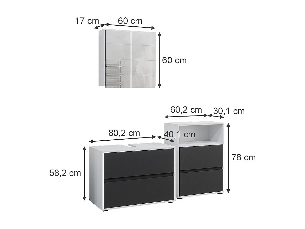 Meubles bain blanc/anthracite 80x40x58 maltin