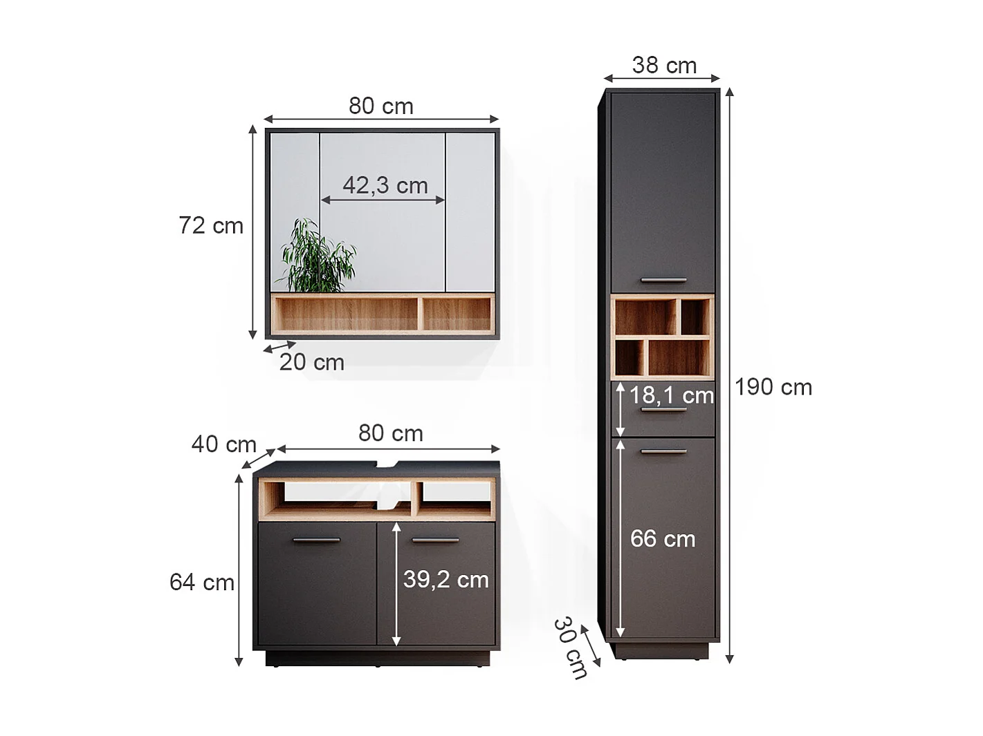 Conjunto de muebles de baño antracita 80x40x64 beatrice