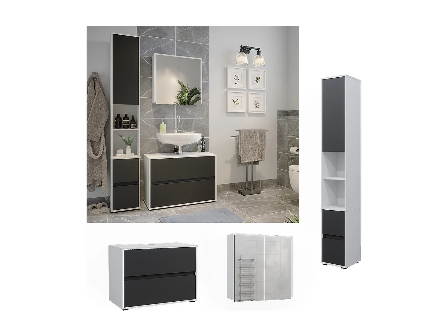 Meubles bain blanc/anthracite 80x40x58 maltin