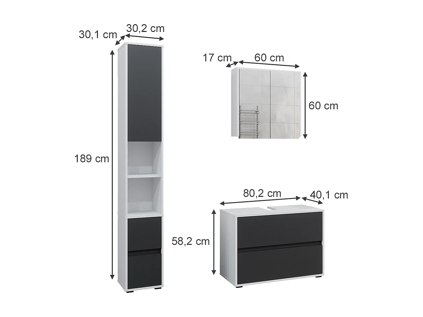 Meubles bain blanc/anthracite 80x40x58 maltin