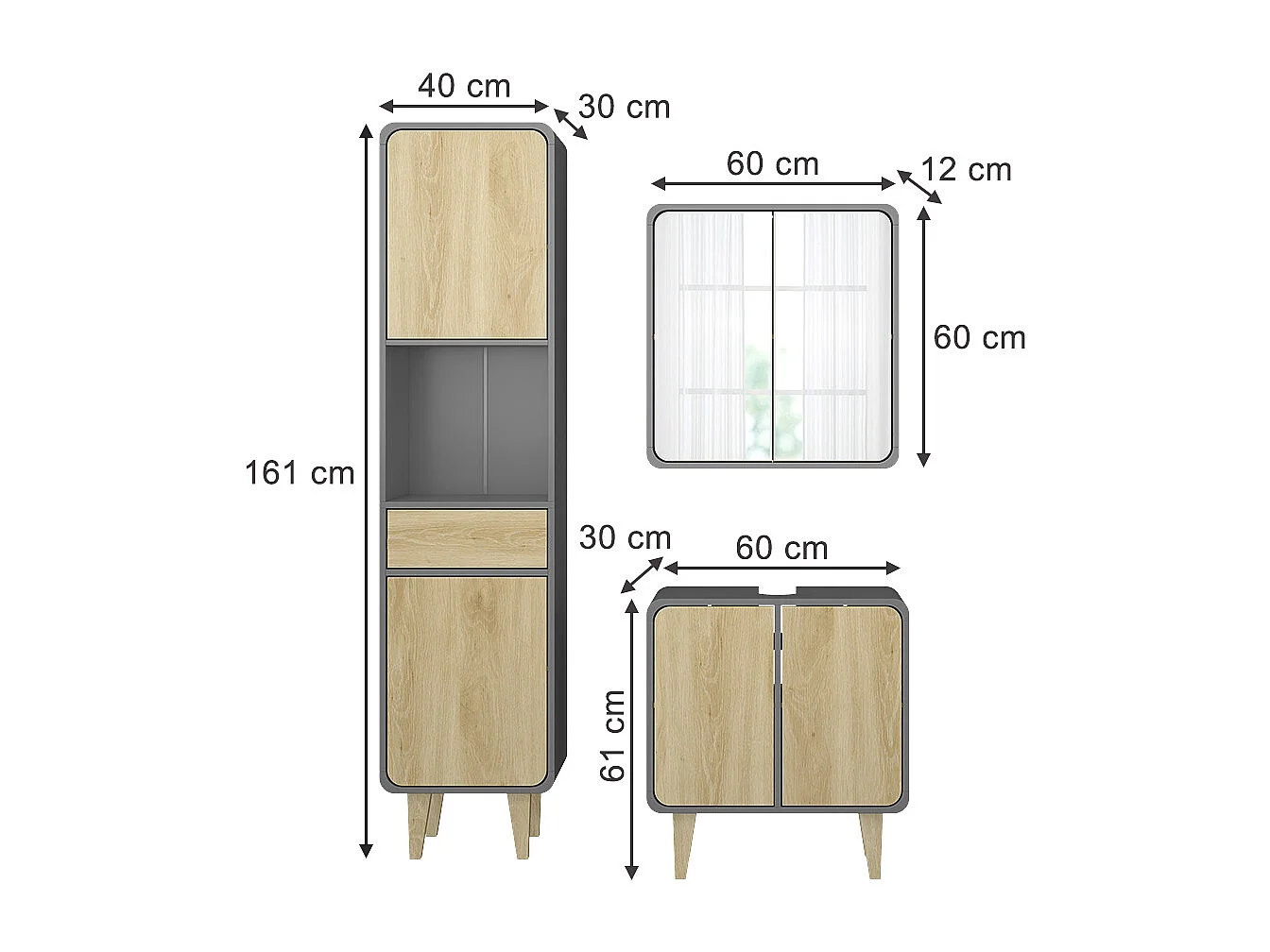 Meubles bain anthracite/chêne 60x30x61 arla