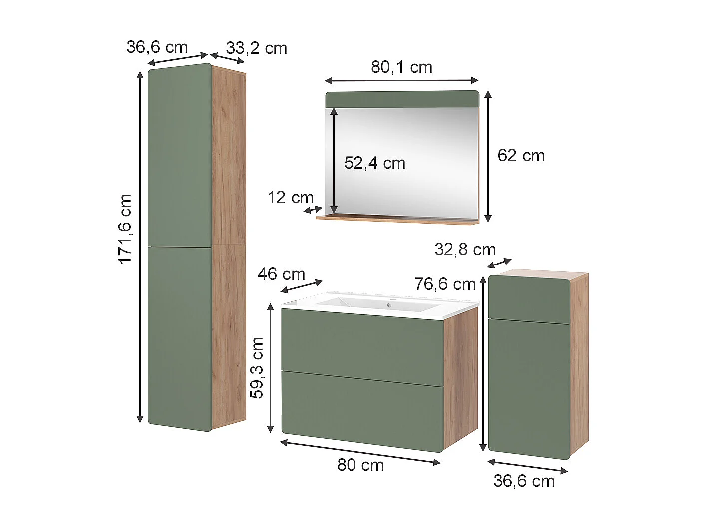 Meubles bain force dor chêne/vert 80x46x59.3 izan