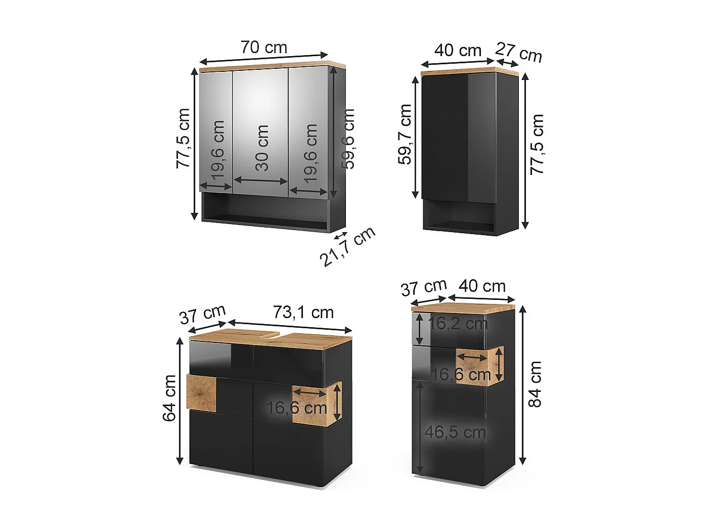 Ensemble de meubles de salle de bains anthracite 73x37x64 eden