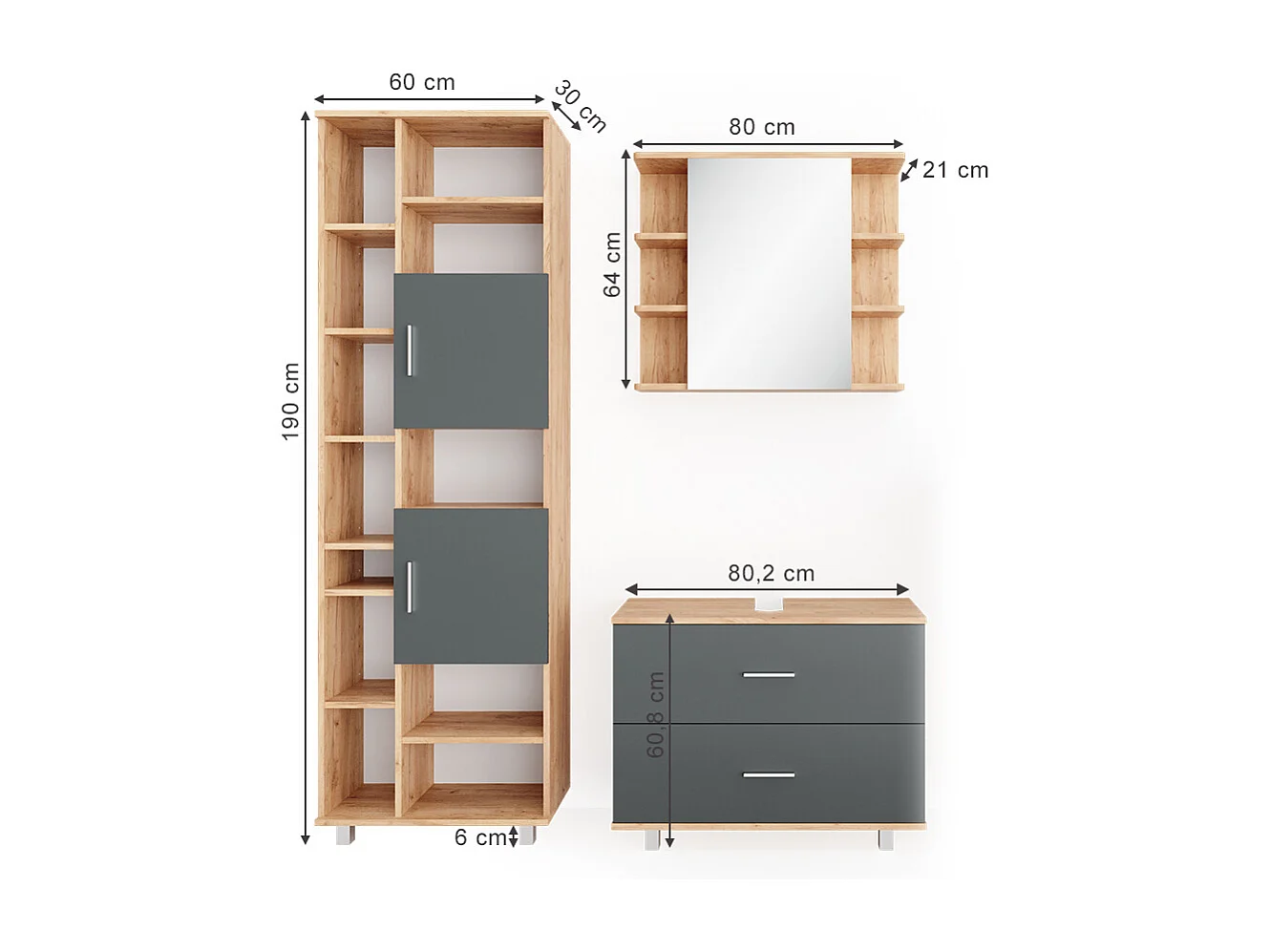 Meubles bain anthracite/chêne doré 80.2x33x60.8 ilias