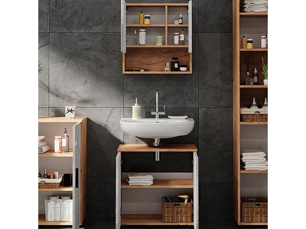 Meubles bain blanc brillant/chêne doré 80x41x58.6 irma