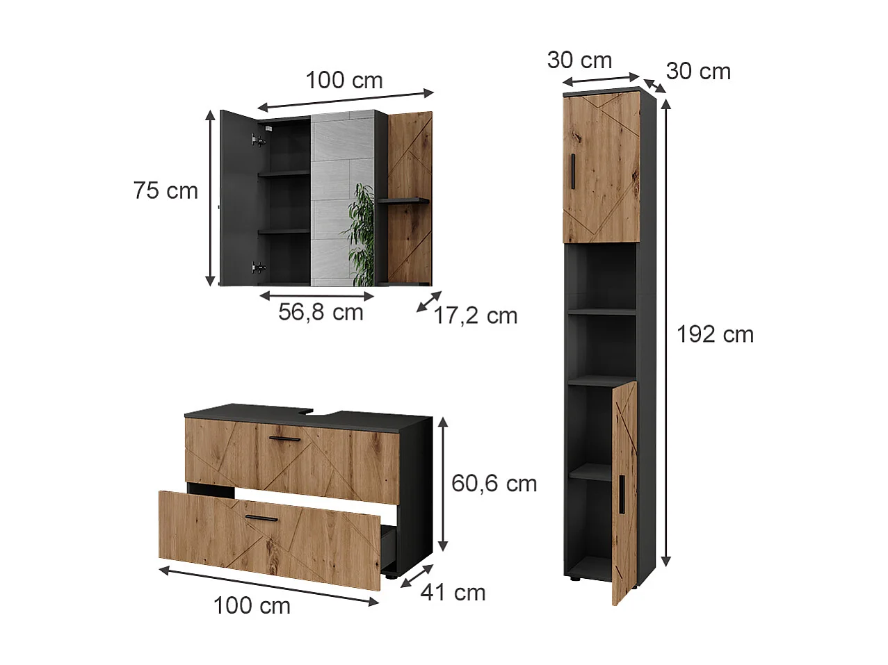 Ensemble de meubles de salle de bains anthracite/artisan 100.1x41x60.6 irma