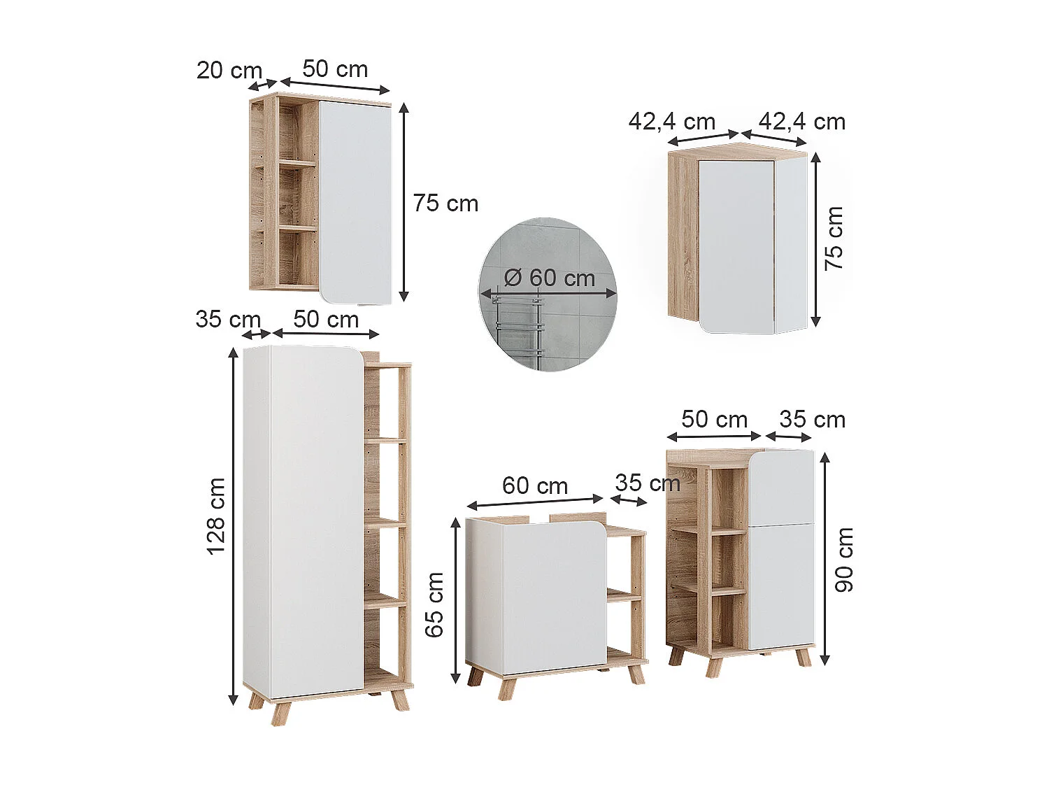 Badmöbel-Set sonoma/weiß 60x35x65 karen