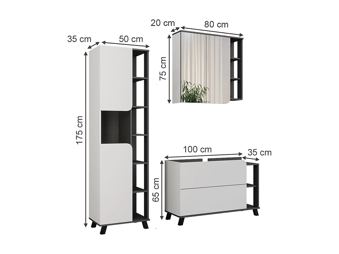 Ensemble de meubles de salle de bains blanc/anthracite 100x35x65 karen