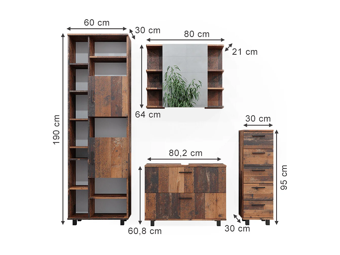 Meubles bain chêne rustique 80.2x33x60.8 ilias