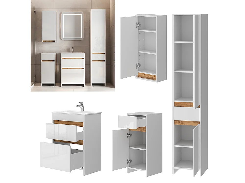 Bathroom furniture set white high gloss/gold power oak 60x40x82 detmold