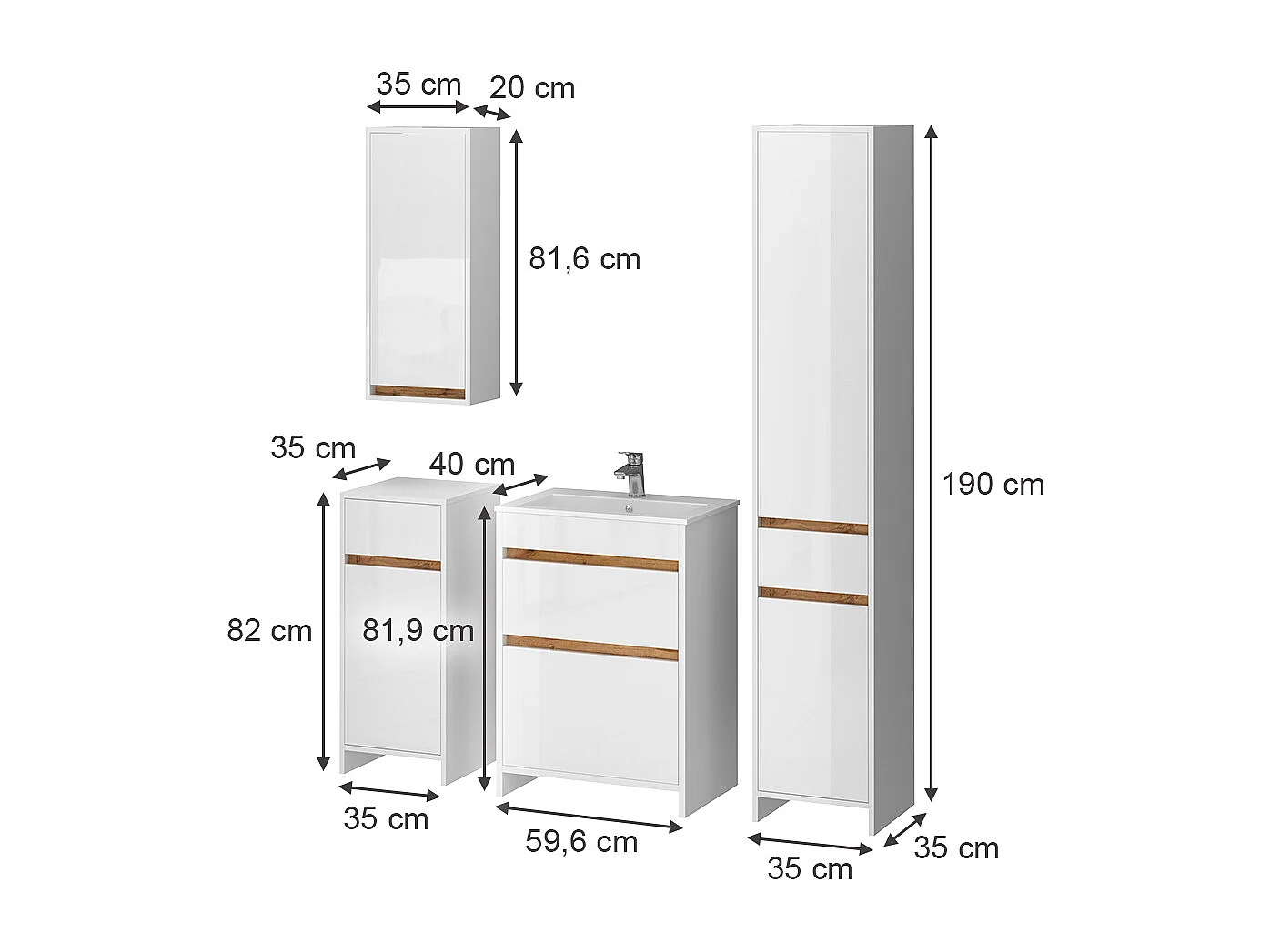 Bathroom furniture set white high gloss/gold power oak 60x40x82 detmold
