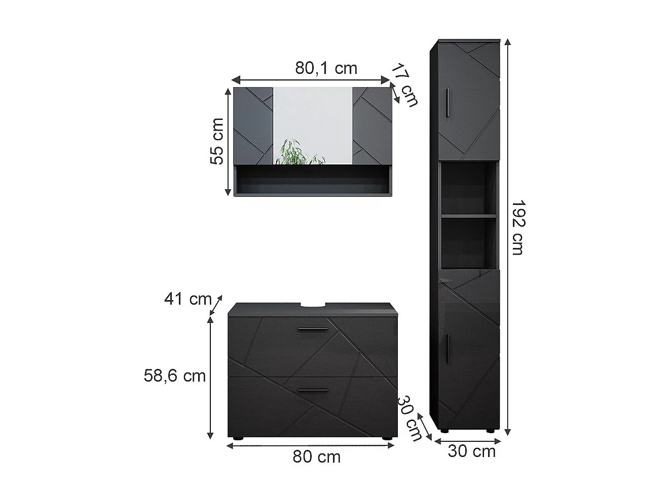 Meubles bain anthracite haute brillance 80x41x58.6 irma