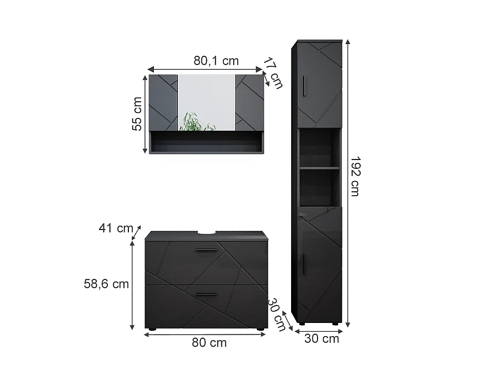 Set mobili bagno antracite lucido 80x41x58.6 irma