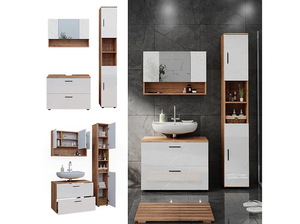 Conjunto de muebles de baño blanco brillo intenso/roble dorado 80x41x58.6 irma
