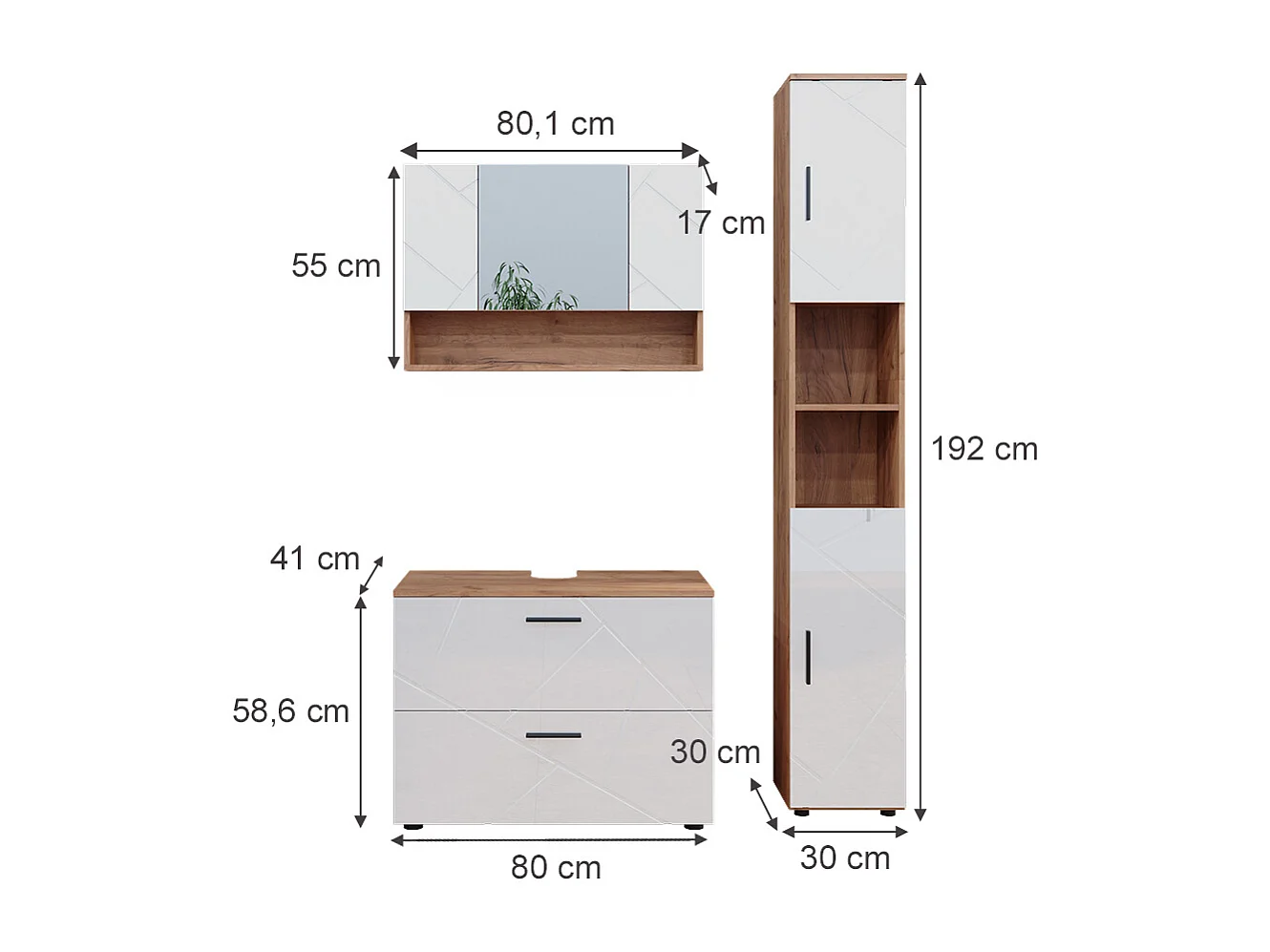 Conjunto de muebles de baño blanco brillo intenso/roble dorado 80x41x58.6 irma