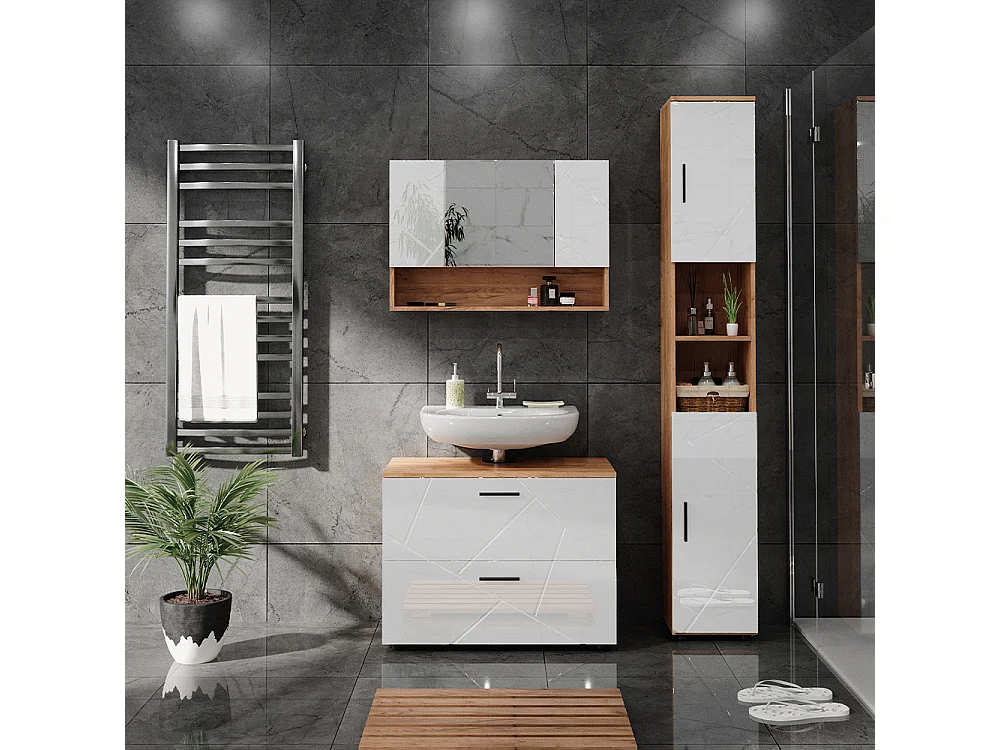 Meubles bain blanc brillant/chêne doré 80x41x58.6 irma