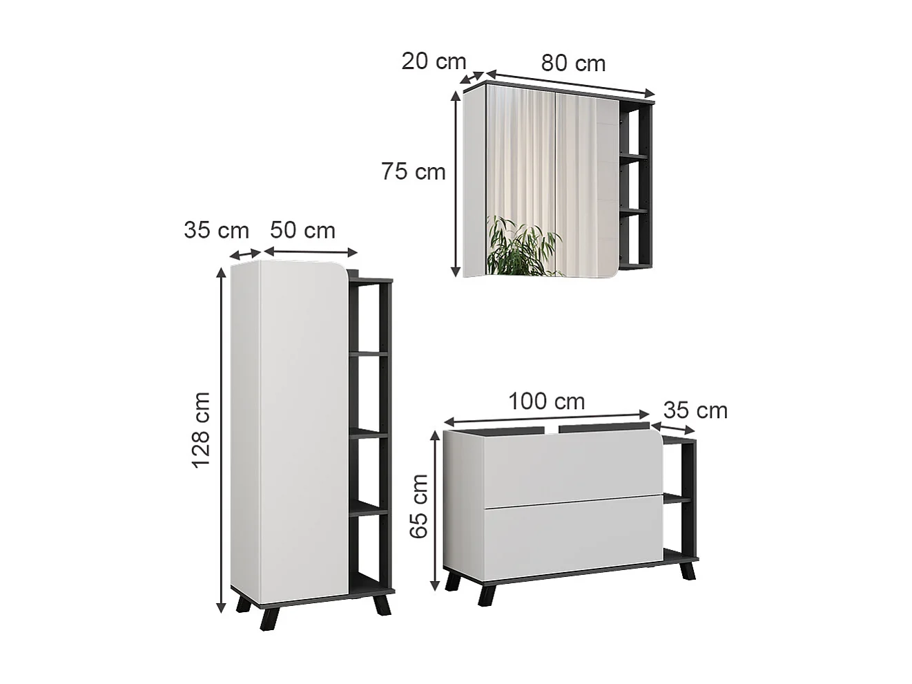 Conjunto de muebles de baño antracita/blanco 100x35x65 karen