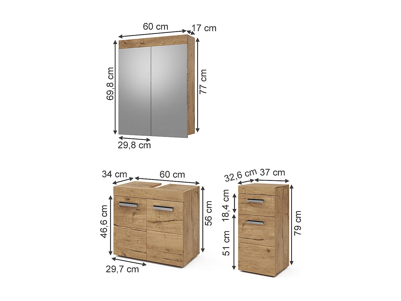 Set mobili bagno quercia wotan 60x34x56 luna