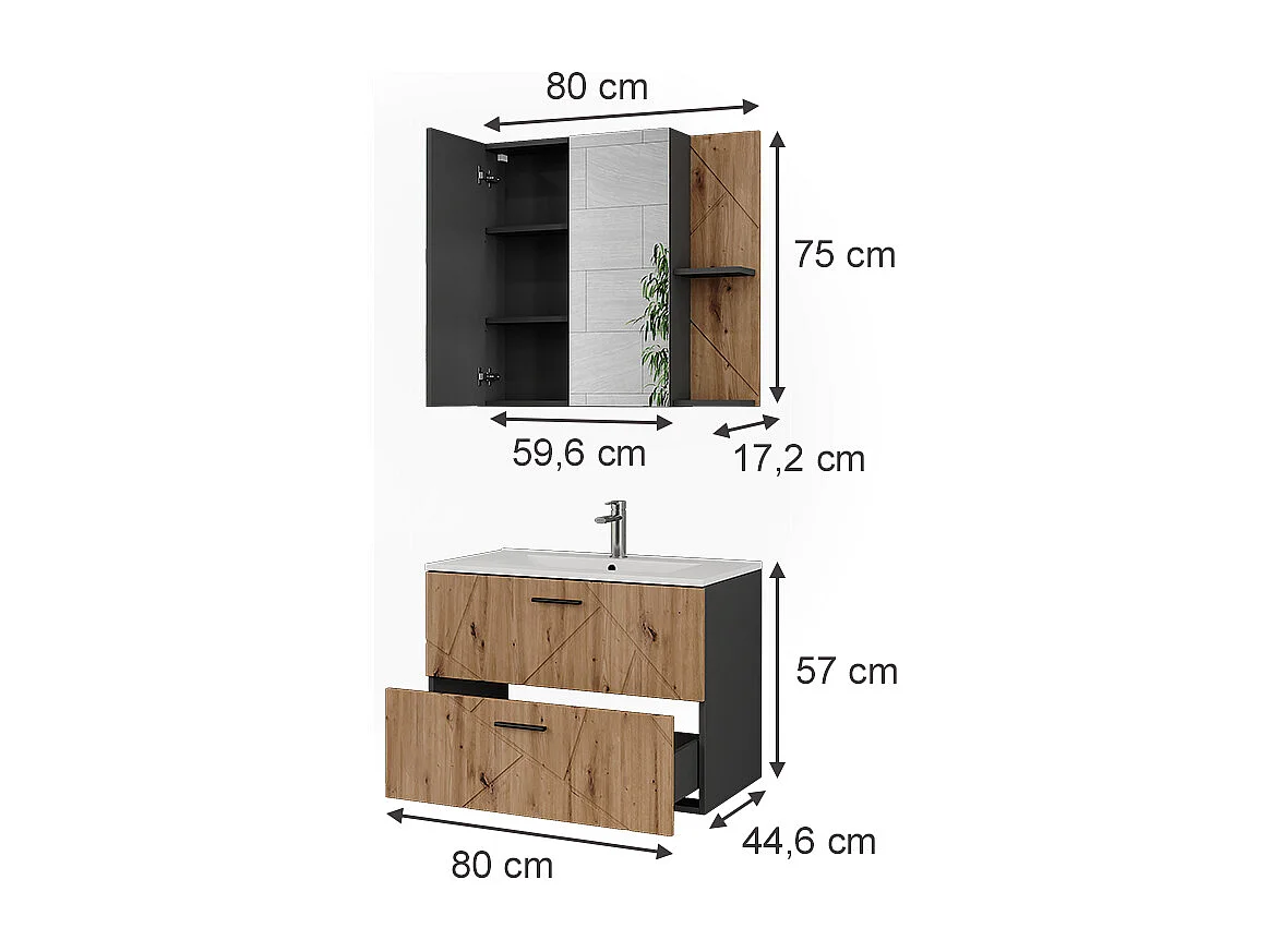 Conjunto de muebles de baño antracita/artisan 80x44.6x57 irma