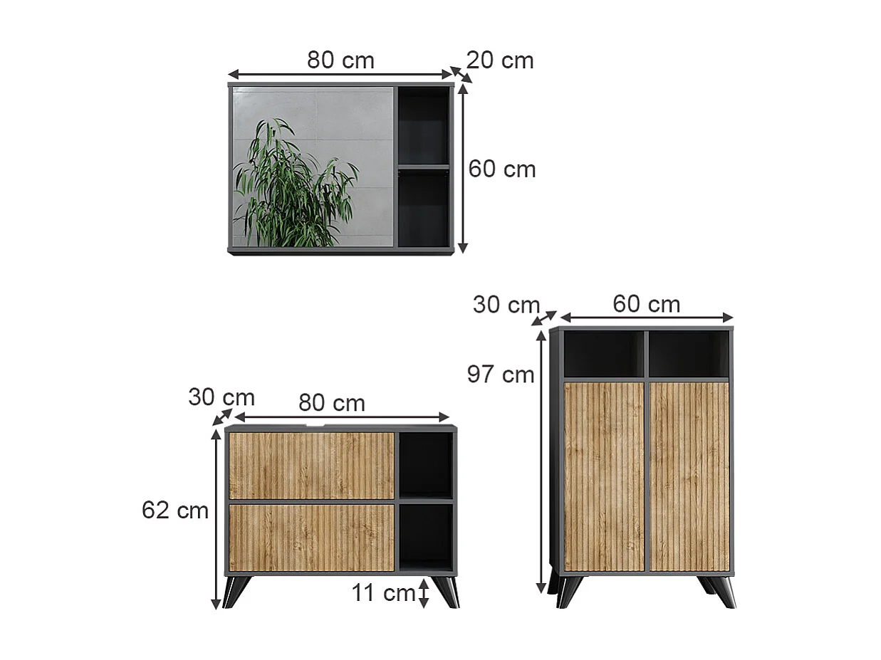Set di mobili da bagno antracite/quercia di montagna 80x30x62 leano