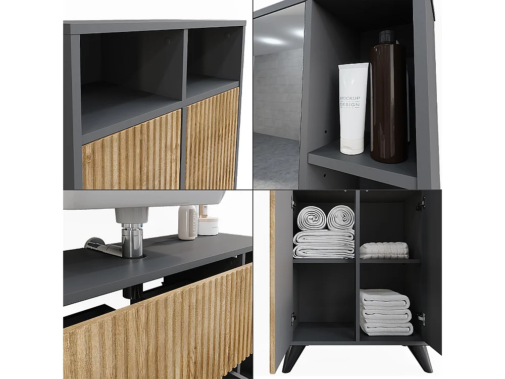 Set di mobili da bagno antracite/quercia di montagna 80x30x62 leano