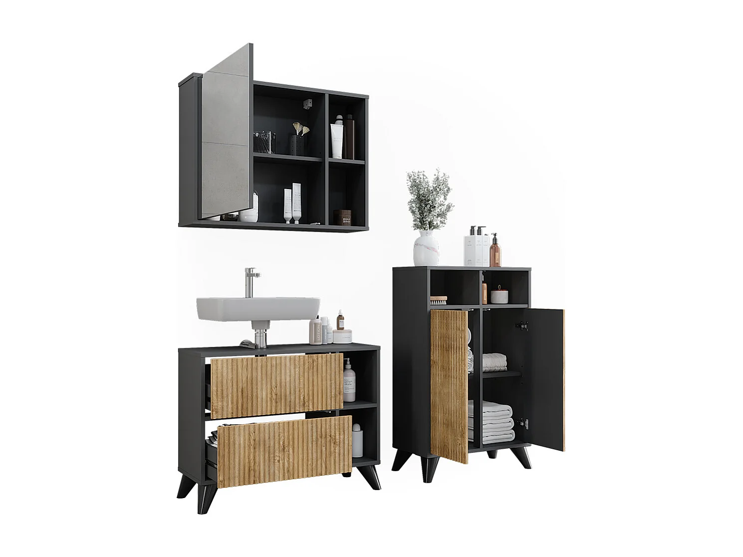 Set di mobili da bagno antracite/quercia di montagna 80x30x62 leano