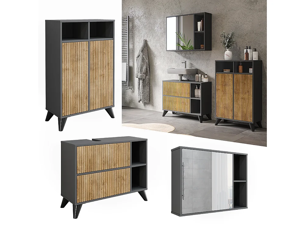 Ensemble de meubles de salle de bains anthracite/chêne de montagne 80x30x62 leano