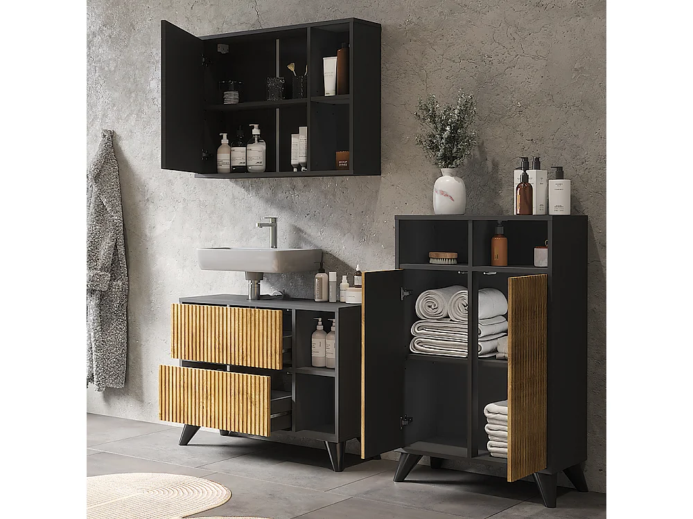 Ensemble de meubles de salle de bains anthracite/chêne de montagne 80x30x62 leano