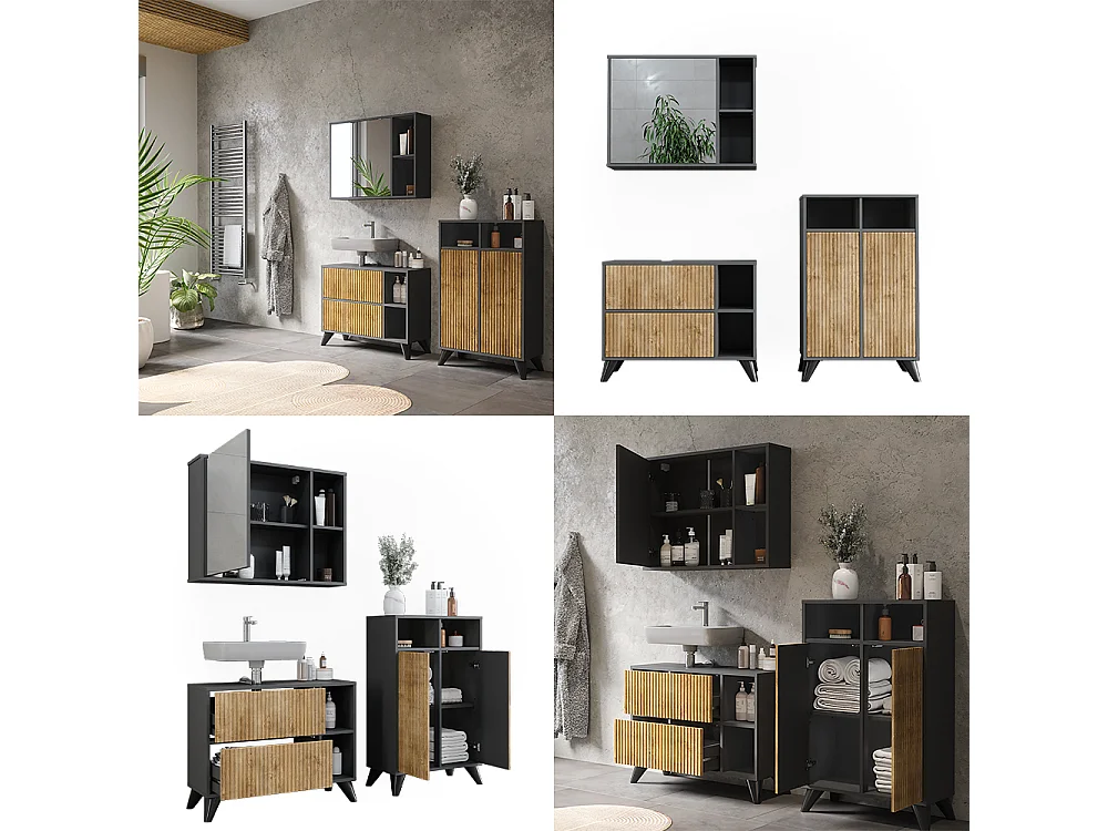 Ensemble de meubles de salle de bains anthracite/chêne de montagne 80x30x62 leano