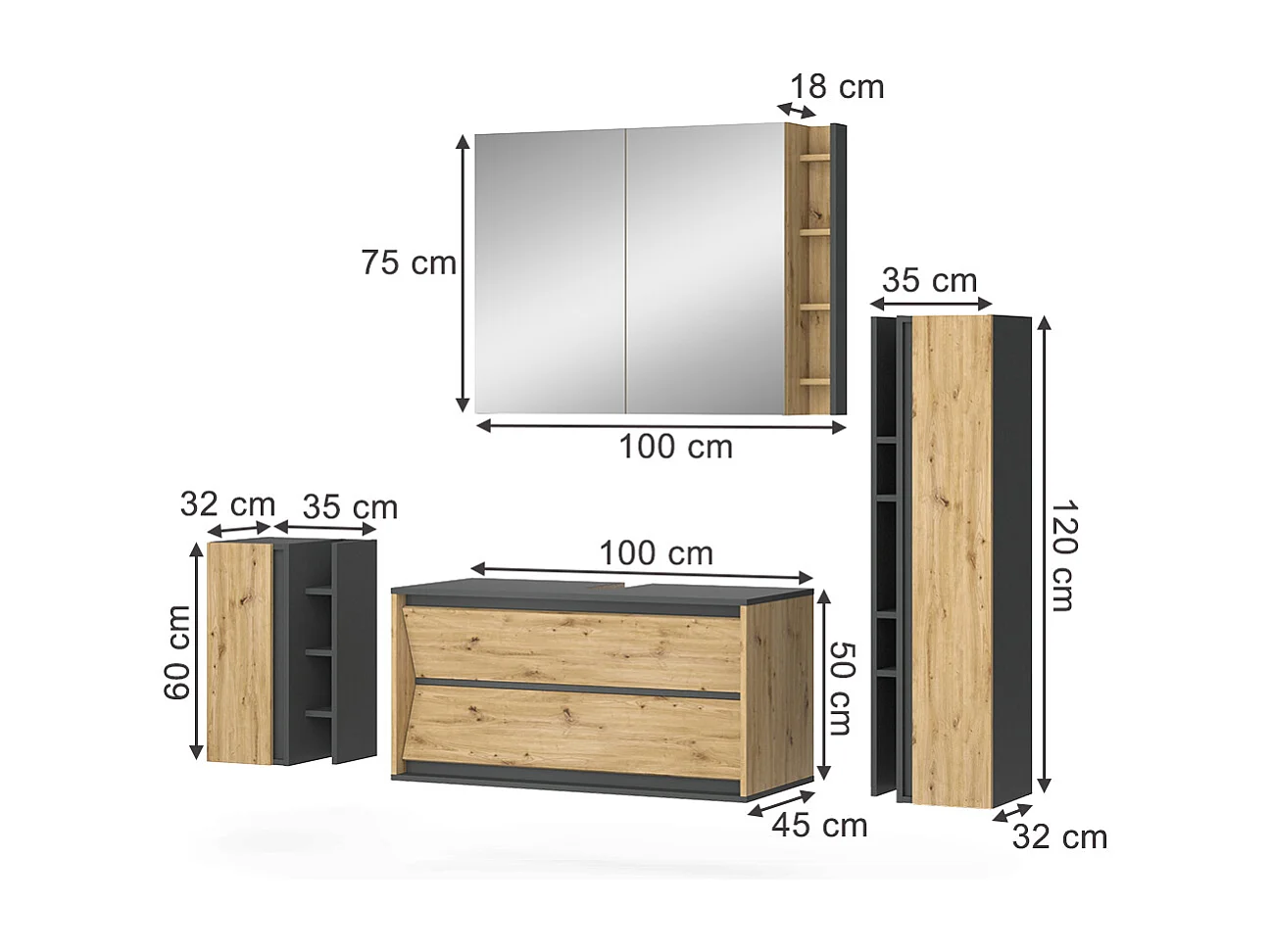 Meubles bain anthracite/artisan 100x45x50 edelin