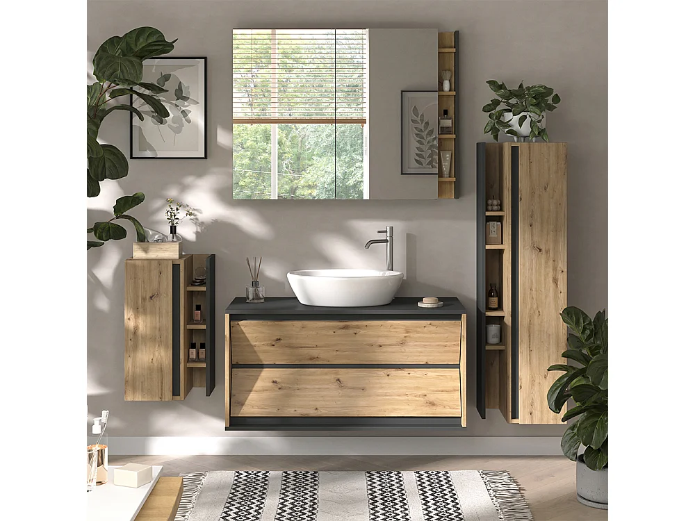 Meubles bain anthracite/chêne artisan 100x45x50 edelin