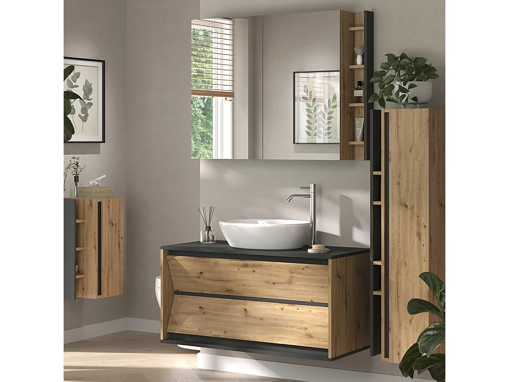 Meubles bain anthracite/chêne artisan 100x45x50 edelin