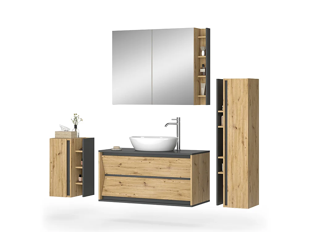 Meubles bain anthracite/chêne artisan 100x45x50 edelin