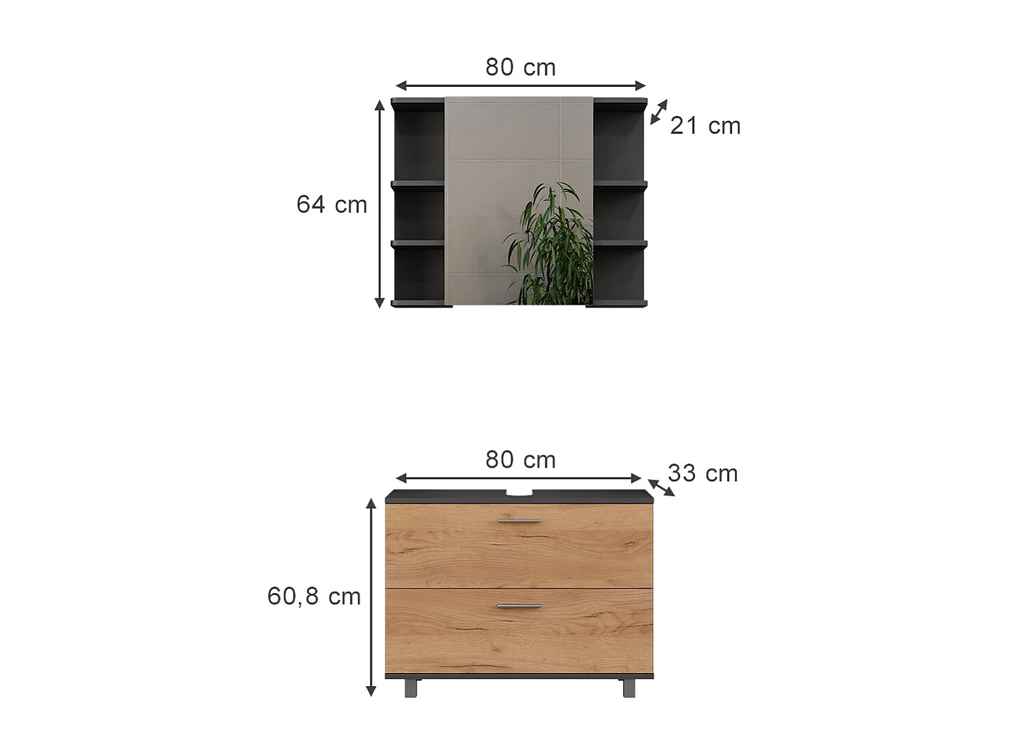 Meubles bain chêne doré/anthracite 80x33x60.8 ilias