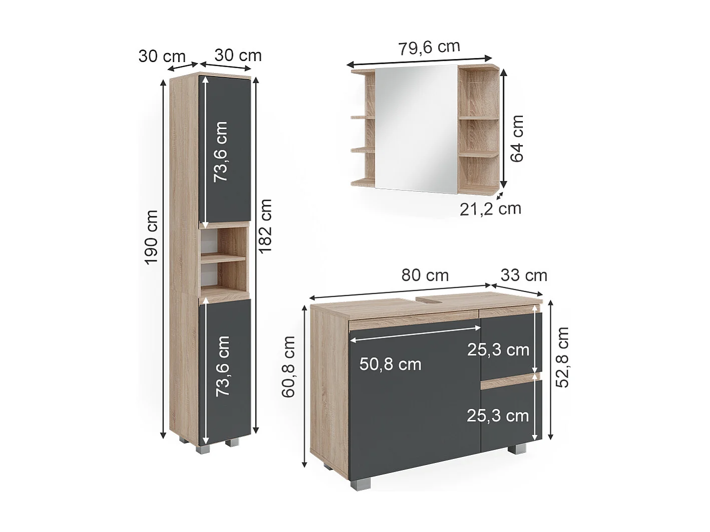 Set mobili bagno sonoma 80x33x60 j-shape