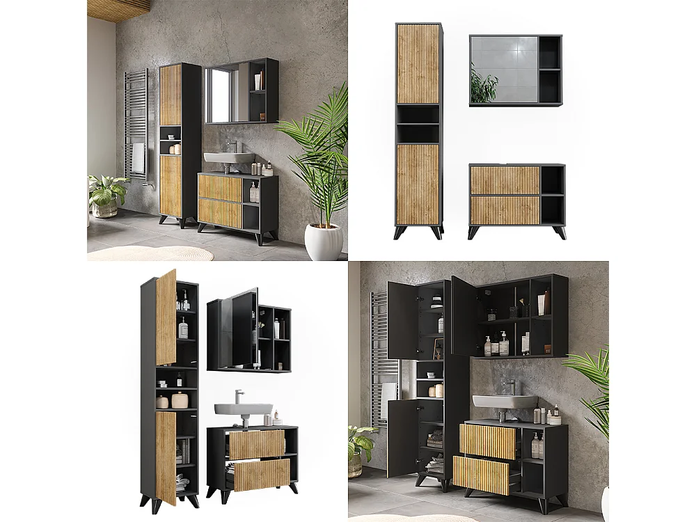 Conjunto de muebles de baño antracita/roble de montaña 80x30x62 leano