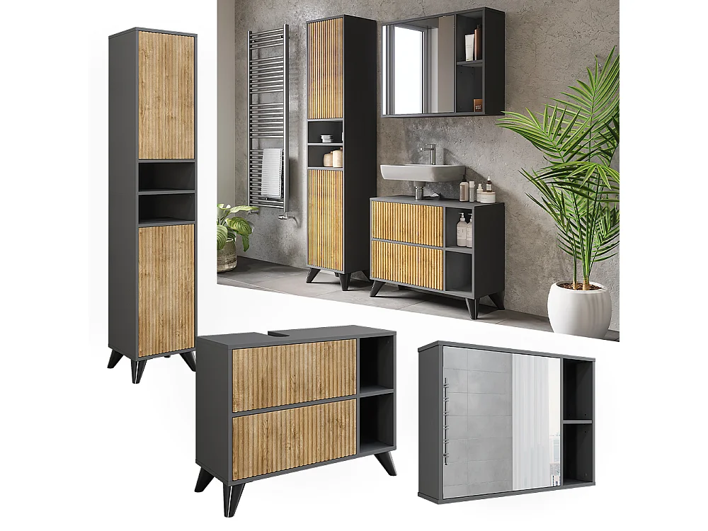 Ensemble de meubles de salle de bains anthracite/chêne de montagne 80x30x62 leano