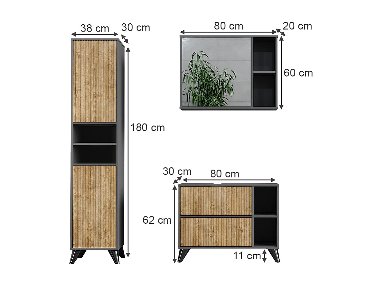 Ensemble de meubles de salle de bains anthracite/chêne de montagne 80x30x62 leano