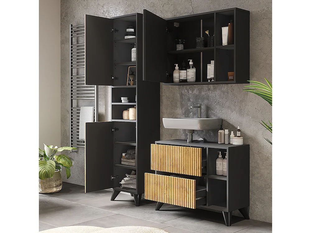 Ensemble de meubles de salle de bains anthracite/chêne de montagne 80x30x62 leano