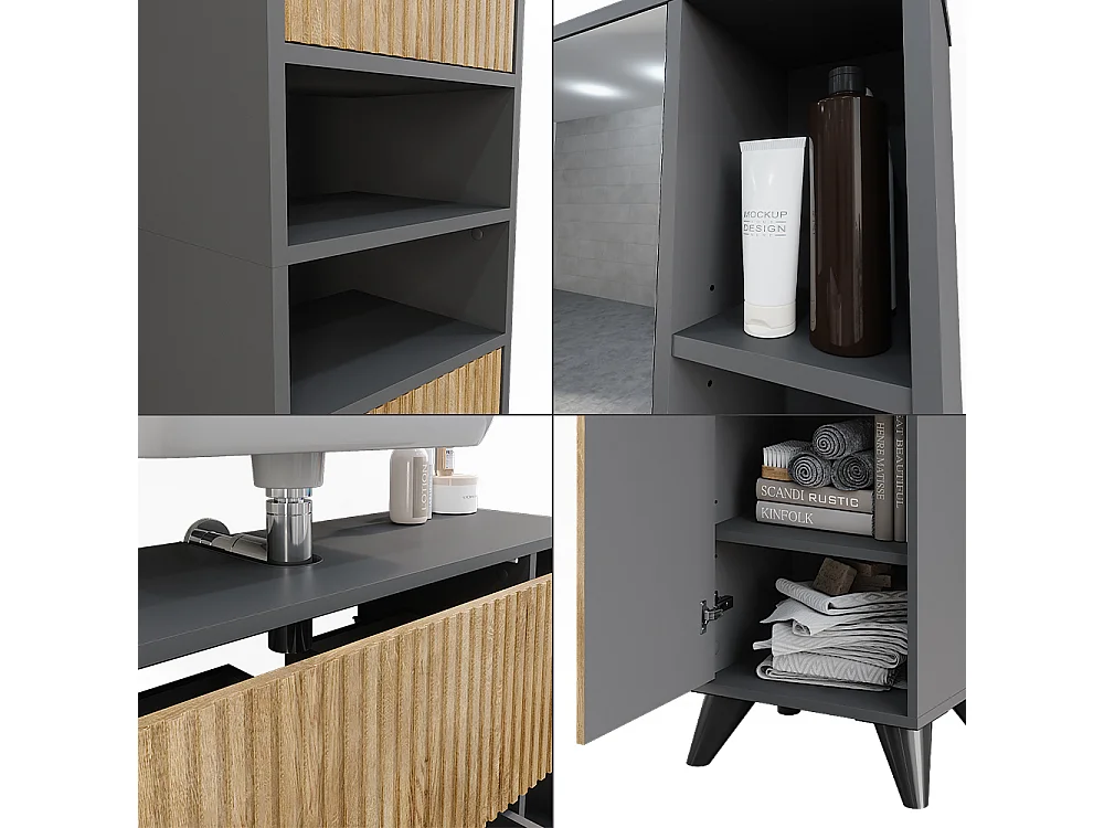 Ensemble de meubles de salle de bains anthracite/chêne de montagne 80x30x62 leano