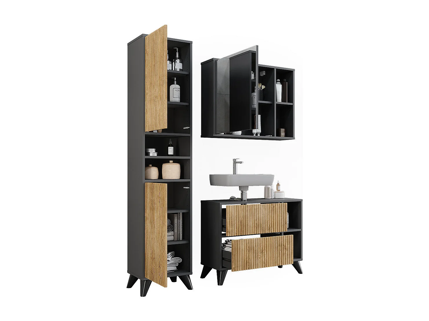 Ensemble de meubles de salle de bains anthracite/chêne de montagne 80x30x62 leano