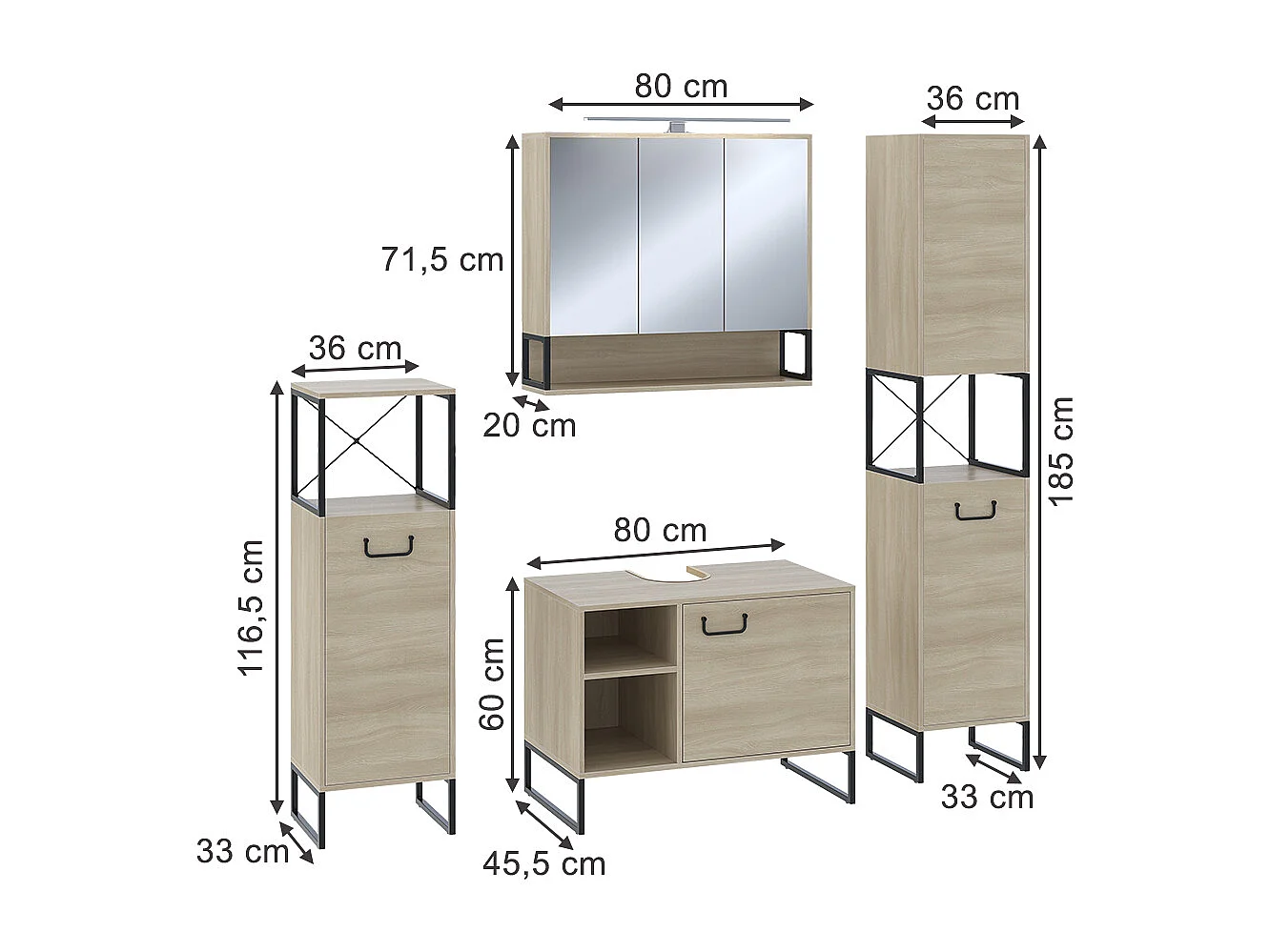 Conjunto de muebles de baño roble/negro 80x45.5x60 vionna