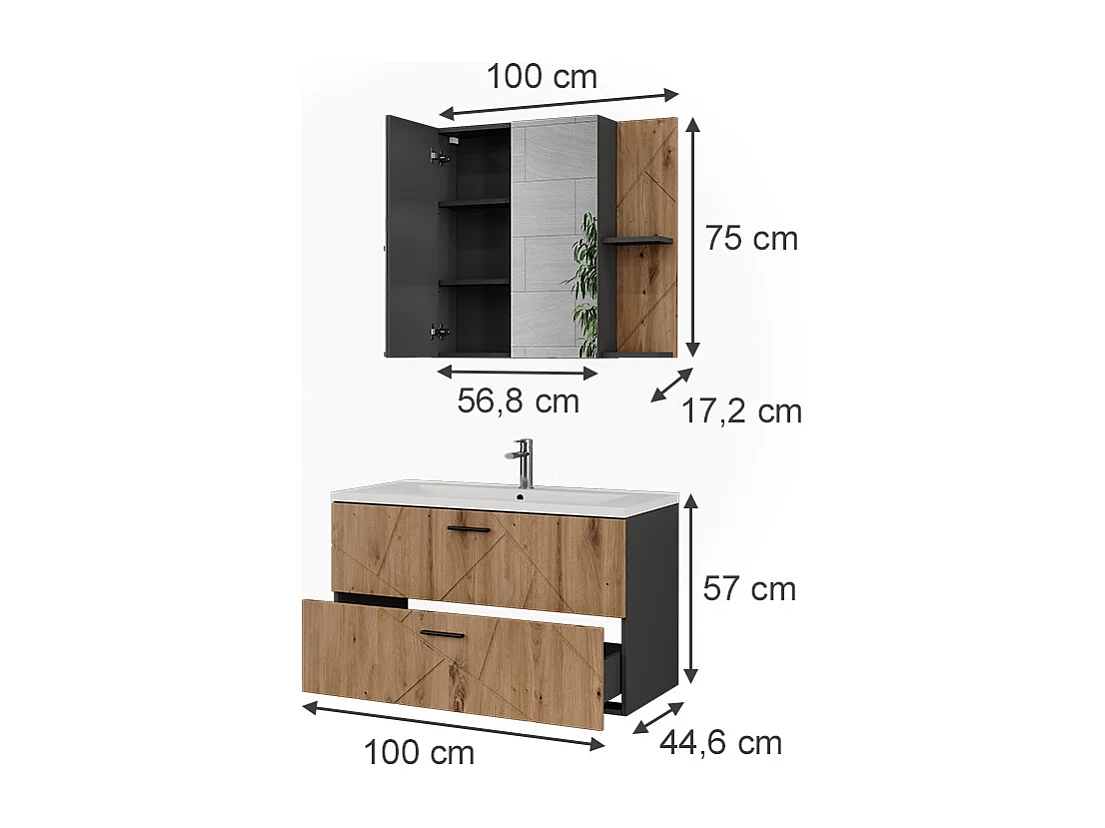 Ensemble de meubles de salle de bains anthracite/artisan 100x44.6x57 irma