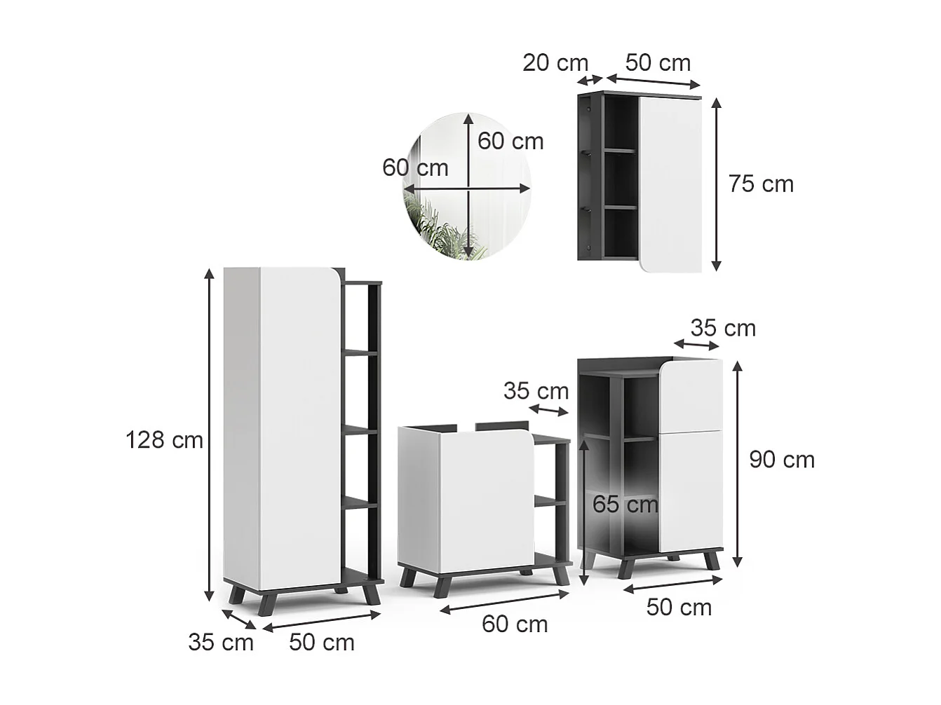 Ensemble de meubles de salle de bains anthracite/blanc 60x35x65 karen