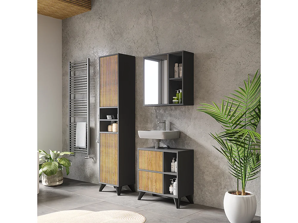 Set di mobili da bagno antracite/quercia di montagna 60x30x62 leano