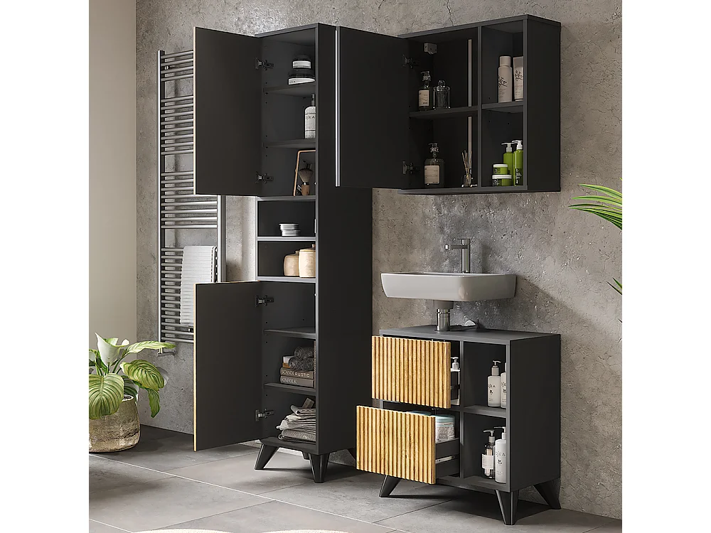 Set di mobili da bagno antracite/quercia di montagna 60x30x62 leano