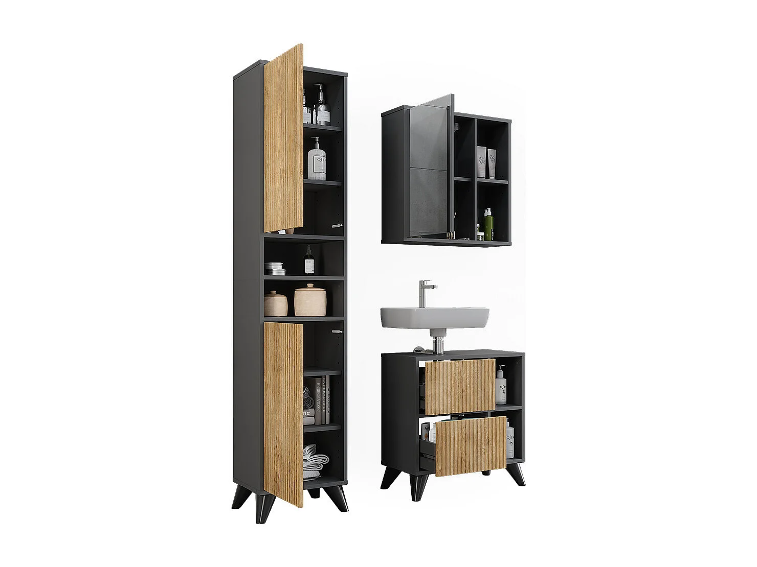 Set di mobili da bagno antracite/quercia di montagna 60x30x62 leano