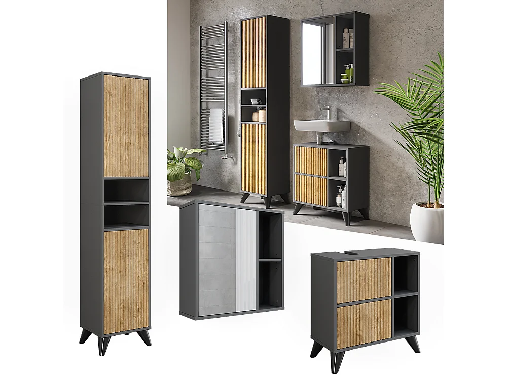 Ensemble de meubles de salle de bains anthracite/chêne de montagne 60x30x62 leano