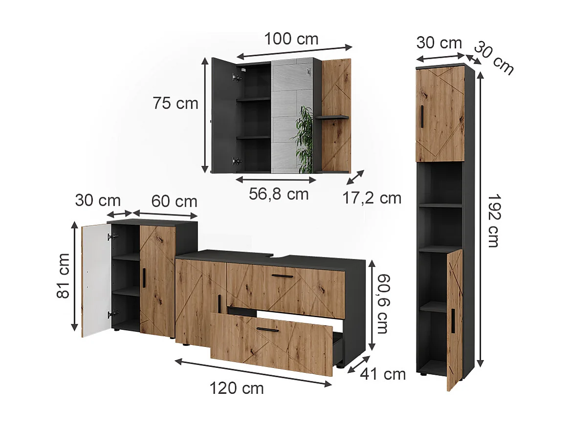 Ensemble de meubles de salle de bains anthracite/artisan 120.1x41x60.6 irma